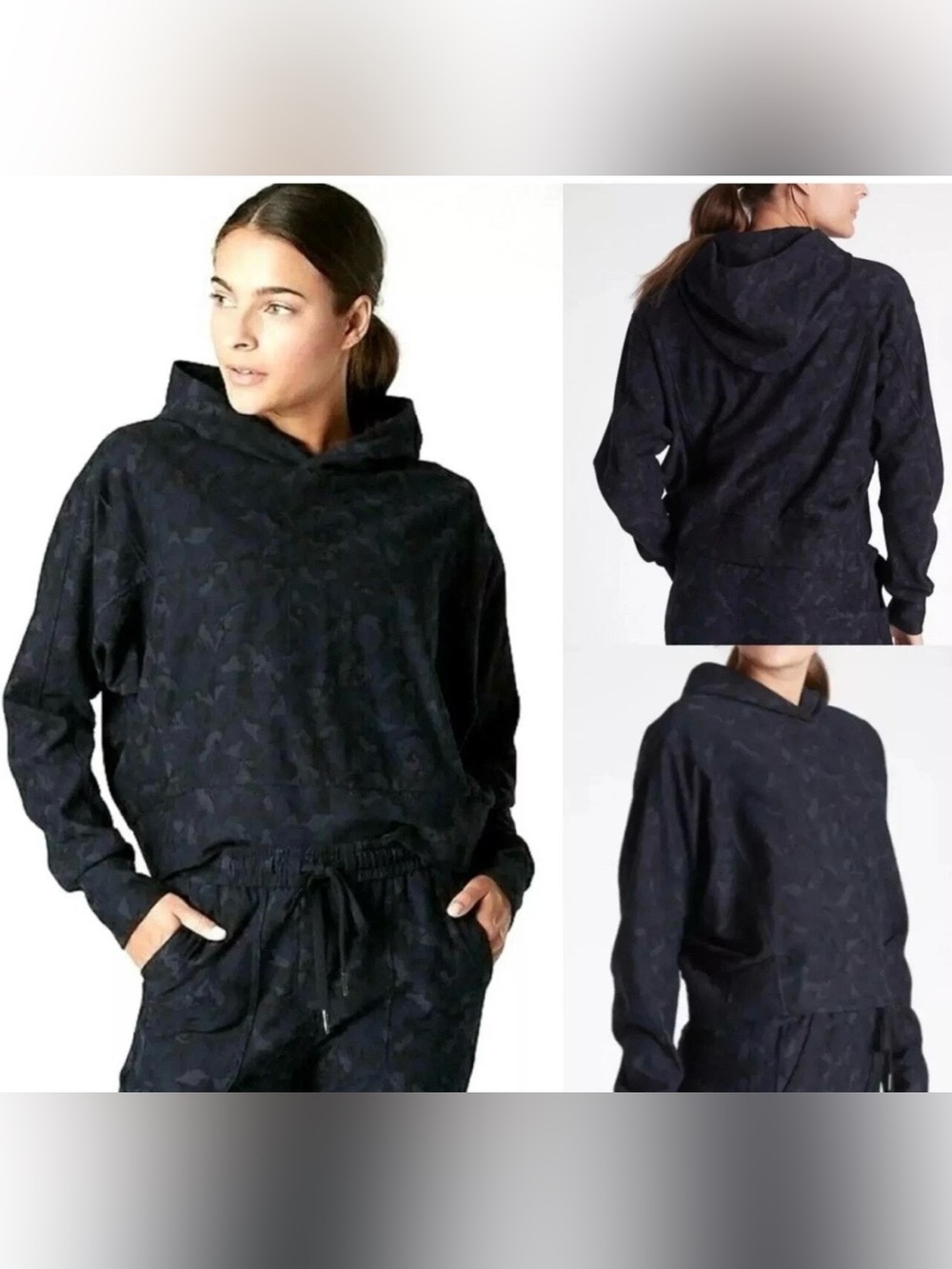 Athleta Farallon Cropped Hoodie Sweatshirt Navy Blue Camo‎ Yoga Run Women's XXS